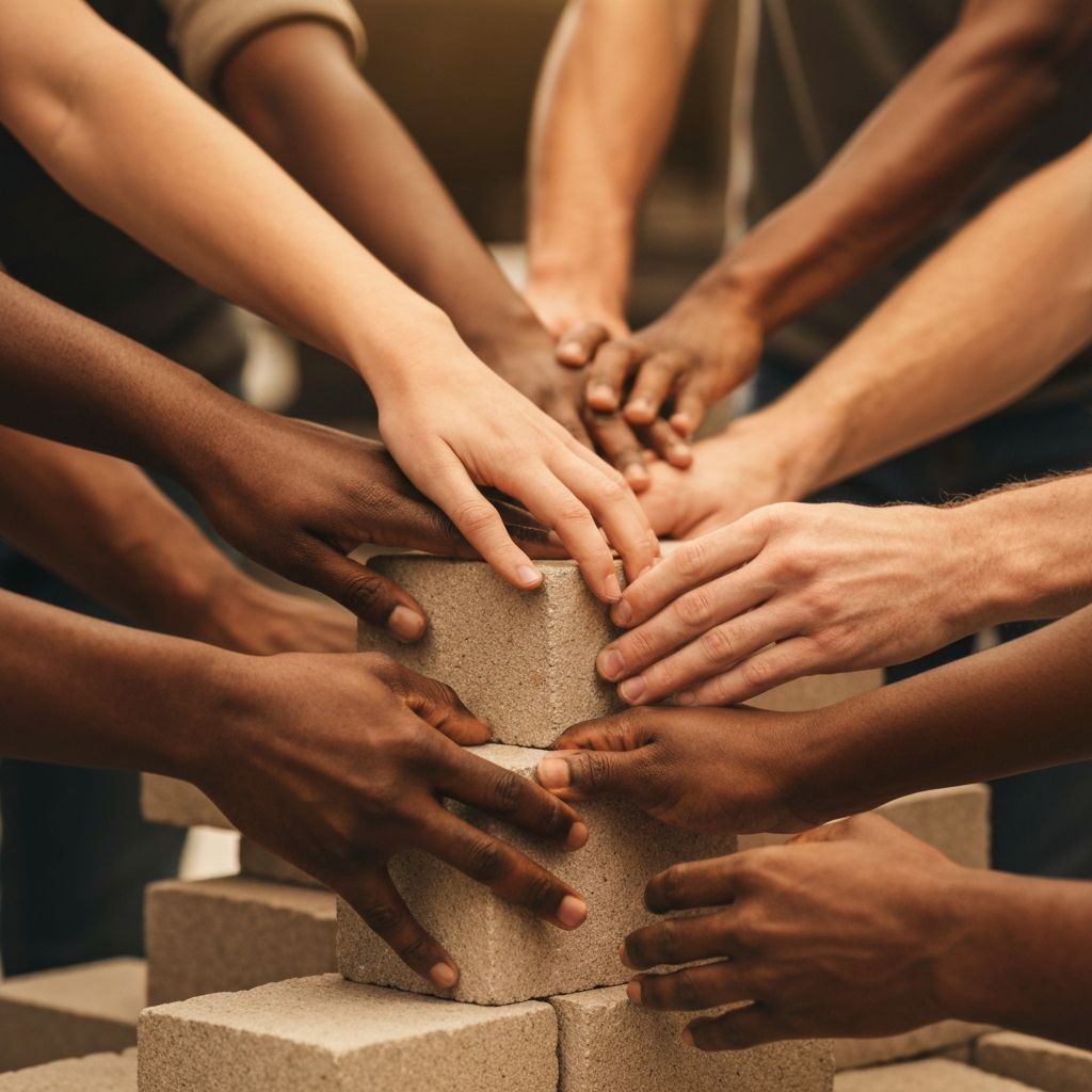 Mains diverses construisant ensemble - symbole de solidarité